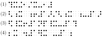 (1):1456;1346;346;2;34;1346;36;2;3456} (2):126;56;1346;;56;235;3456;1;345;34;126;56;1346;;56;36;3456;1;345} (3):1246;456;1346;235;3456;1;1345;1234;456;1346;36;3456;1;1456} (4):23;1346;;256;3456;1;12456;1346;;36;3456;1;56 