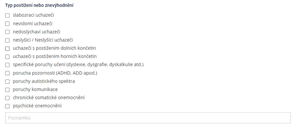 výstřižek z přihlášky (seznam s kategoriemi postižení)